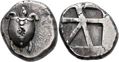 Greek ISLANDS OFF ATTICA, Aegina. Circa 480-457 BC. Stater (Silver, 21 mm, 12.39 g). Sea turtle seen from above, head in profile, with thick collar and row of dots down its back. Rev. Square incuse wi