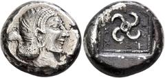 Greek DYNASTS OF LYCIA. Teththiweibi, circa 450-430/20 BC. Stater (Silver, 19 mm, 9.68 g), Phellos. Head of Apthrodite to right, her hair bound up in the back. Rev. 𐊗𐊁𐊉𐊉-𐊆-𐊇𐊁𐊆-𐊂-𐊆 Tetraskele