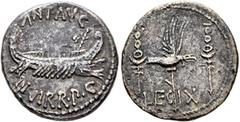 Roman Republican & Imperatorial Mark Antony, 44-30 BC. Denarius (Silver, 18 mm, 3.50 g, 6 h), military mint moving with Mark Antony (Patrae?), 32-31. ANT•AVG III VIR R•P•C Galley right, with scepter t