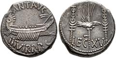 Roman Republican & Imperatorial Mark Antony, 44-30 BC. Denarius (Silver, 16 mm, 3.59 g, 6 h), military mint moving with Mark Antony (Patrae?), 32-31. ANT•AVG - III VIR•R•P•C Galley right, with scepter