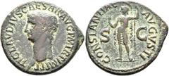 Roman Imperial Claudius, 41-54. As (Copper, 32 mm, 12.38 g, 6 h), Rome, 42-43. TI CLAVDIVS CAESAR AVG P M TR P IMP P P Bare head of Claudius to left. Rev. CONSTANTIAE AVGVSTI / S - C Constantia, helme