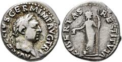Roman Imperial Vitellius, 69. Denarius (Silver, 17 mm, 3.37 g, 6 h), Rome, late April-20 December 69. A VITELLIVS GERMAN IMP TR P Laureate head of Vitellius to right. Rev. LIBERTAS RESTITVTA Libertas 