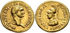 Roman Imperial Domitian, 81-96. Aureus (Gold, 20 mm, 7.71 g, 5 h), Rome, 82. IMP CAES DOMITIANVS AVG P M Laureate head of Domitian to right. Rev. TR POT IMP II COS VIII DES VIIII P P Bust of Minerva t