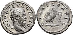 Roman Imperial Divus Septimius Severus, died 211. Denarius (Silver, 20 mm, 3.33 g, 6 h), Rome, mid to late 211. DIVO SEVERO PIO Bare head of Septimius Severus to right. Rev. CONSECRATIO Eagle standing