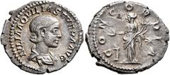 Roman Imperial Aquilia Severa, Augusta, 220-221 & 221-222. Denarius (Silver, 21 mm, 2.68 g, 6 h), Rome, 220. IVLIA AQVILIA SEVERA AVG Draped bust of Aquilia Severa to right. Rev. CONCORDIA Concordia s