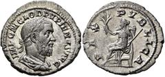 Roman Imperial Pupienus, 238. Denarius (Silver, 20 mm, 3.63 g, 12 h), Rome, circa April-June 238. IMP C M CLOD PVPIENVS AVG Laureate, draped and cuirassed bust of Pupienus to right, seen from behind. 