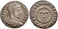 Roman Imperial Crispus, Caesar, 316-326. Follis (Bronze, 17 mm, 2.97 g, 12 h), Ticinum, 322-325. CRISPVS NOB CAES Laureate, draped and cuirassed bust of Crispus to right, seen from behind. Rev. DOMINO