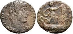 Roman Imperial Festival of Isis. AE (Bronze, 13 mm, 0.84 g, 5 h), Rome, struck under Jovian, 363-364. D N IOVIA-NVS P F AVG Perl-diademed, draped and cuirassed bust of Jovian to right. Rev. VO-TA PV-B