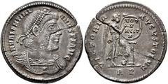 Roman Imperial Valentinian I, 364-375. Light Miliarense (Silver, 24 mm, 4.18 g, 12 h), Rome, 364-367. D N VALENTINI-ANVS P F AVG Pearl-diademed and cuirassed bust of Valentinian I to right. Rev. VICTO