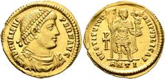 Roman Imperial Valens, 364-378. Solidus (Gold, 22 mm, 4.46 g, 6 h), Antiochia, 364. D N VALENS PER F AVG Pearl-diademed, draped and cuirassed bust of Valens to right. Rev. RESTITVTOR REI PVBLICAE / AN