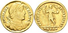 Roman Imperial Valens, 364-378. Solidus (Gold, 21 mm, 4.23 g, 6 h), Antiochia, 366-367. D N VALENS PER F AVG Pearl-diademed, draped and cuirassed bust of Valens to right. Rev. RESTITVTOR REI PVBLICAE 