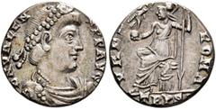 Roman Imperial Valens, 364-378. Siliqua (Silver, 15 mm, 1.59 g, 12 h), Treveri, 367-375. D N VALENS P F AVG Pearl-diademed, draped and cuirassed bust of Valens to right. Rev. VRBS ROMA / TRPS• Roma se