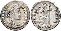Roman Imperial Valens, 364-378. Siliqua (Silver, 18 mm, 2.62 g, 12 h), Treveri, 375-378. D N VALEN-S P F AVG Pearl-diademed, draped and cuirassed bust of Valens to right. Rev. VRBS ROMA / TRPS• Roma s