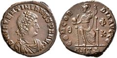 Roman Imperial Valentinian II, 375-392. Follis (Bronze, 18 mm, 2.79 g, 5 h), Antiochia, 378-383. D N VALENTINIANVS P F AVG Rosette-diademed, draped and cuirassed bust of Valentinian II to right. Rev. 