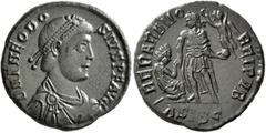Roman Imperial Theodosius I, 379-395. Maiorina (Bronze, 22 mm, 5.32 g, 12 h), Siscia, 378-383. D N THEODO-SIVS P F AVG Pearl-diademed, draped and cuirassed bust of Theodosius I to right. Rev. REPARATI