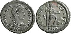 Roman Imperial Theodosius I, 379-395. Maiorina (Bronze, 25 mm, 5.08 g, 6 h), Nicomedia, 383-388. D N THEODO-SIVS P F AVG Pearl-diademed, draped and cuirassed bust of Theodosius I to right. Rev. VIRTVS