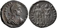 Roman Imperial Honorius, 393-423. Follis (Bronze, 18 mm, 2.45 g, 6 h), Cyzicus, 395-401. D N HONORI-VS P F AVG Pearl-diademed, draped and cuirassed bust of Honorius to right. Rev. VIRTVS EXERCITI / SM
