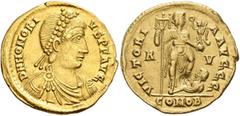 Roman Imperial Honorius, 393-423. Solidus (Gold, 21 mm, 4.44 g, 6 h), Ravenna, 402-406. D N HONORI-VS P F AVG Pearl-diademed, draped and cuirassed bust of Honorius to right. Rev. VICTORI-A AVGGG / R -