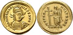 Roman Imperial Honorius, 393-423. Solidus (Gold, 22 mm, 4.46 g, 12 h), Constantinopolis, 420-422. D N HONORI-VS P F AVG Helmeted, pearl-diademed and cuirassed bust of Honorius facing, his head turned 