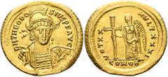 Roman Imperial Theodosius II, 402-450. Solidus (Gold, 22 mm, 4.31 g, 12 h), Constantinopolis, 420-422. D N THEODO-SIVS P F AVG Helmeted, pearl-diademed and cuirassed bust of Theodosius II facing, his 
