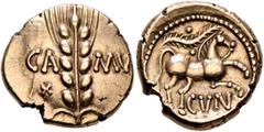 Celtic BRITAIN. Trinovantes & Catuvellauni. Cunobelin, circa 10-43. Stater (Gold, 18 mm, 5.52 g, 9 h), Camulodunum (Colchester). CA-MV Grain ear; in field to lower left, small X. Rev. CVN Horse leapin