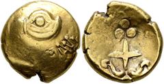 Celtic CENTRAL EUROPE. Vindelici. 2nd-1st century BC. Stater (Gold, 18 mm, 7.57 g, 7 h), 'Regenbogenschüsselchen, Blattkranz mit Vogelkopf/Kreuz mit Voluten' type. Head of a bird to left; below to rig