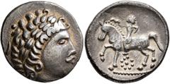 Celtic CARPATHIAN REGION. Uncertain tribe. Circa 2nd century BC. Tetradrachm (Silver, 25 mm, 13.68 g, 12 h), 'Gallierkopf' type, imitating Philip II of Macedon. Celticized male head to right, wearing 