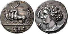 Greek SICILY. Syracuse. Dionysios I, 405-367 BC. Dekadrachm (Silver, 36 mm, 43.71 g, 10 h), dies by Kimon, circa 405-400. Charioteer driving quadriga galloping to left, holding kentron in his right ha