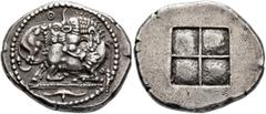 Greek MACEDON. Akanthos. Circa 480-470 BC. Tetradrachm (Silver, 29 mm, 17.00 g). Lion to right, attacking a bull collapsing to left with head raised; above, pellet-in-annulet; in exergue, stylized aka