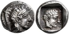 Greek DYNASTS OF LYCIA. Vekhssere I, circa 450-430 BC. Tetrobol or Third Stater (Silver, 14 mm, 2.88 g, 2 h), Xanthos. Head of Athena to right, wearing crested Attic helmet adorned with three olive le