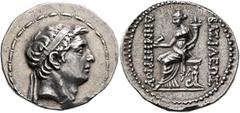Greek SELEUKID KINGS. Demetrios I Soter, 162-150 BC. Tetradrachm (Silver, 30 mm, 17.00 g, 12 h), Seleukeia on the Tigris, 161. Diademed head of Demetrios I to right; all within fillet border. Rev. ΒΑΣ