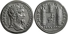 Roman Provincial CILICIA. Isaura. Septimius Severus, 193-211. Tetrassarion (Bronze, 29 mm, 14.15 g, 6 h), 205-209. AY•K•Λ•CЄΠ•CЄOYHPOC ΠЄPT Laureate head of Septimius Severus to right. Rev. MHTPOΠOΛЄΩ