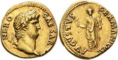 Roman Imperial Nero, 54-68. Aureus (Gold, 18 mm, 7.33 g, 5 h), Rome, circa 64-65. NERO CAESAR Laureate head of Nero to right. Rev. AVGVSTVS GERMANICVS Nero, radiate and togate, standing front, holding