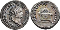 Roman Imperial Titus, 79-81. Denarius (Silver, 19 mm, 3.24 g, 6 h), Rome, January-June 80. IMP TITVS CAES VESPASIAN AVG P M Laureate head of Titus to right. Rev. TR P IX IMP XV COS VIII P P Draped pul