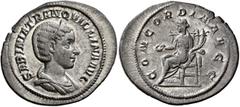 Roman Imperial Tranquillina, Augusta, 241-244. Denarius (Silver, 23 mm, 3.31 g, 1 h), Rome, 241. SABINIA TRANQVILLINA AVG Diademed and draped bust of Tranquillina to right. Rev. CONCORDIA AVGG Concord