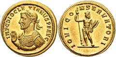 Roman Imperial Diocletian, 284-305. Aureus (Gold, 20 mm, 5.70 g, 6 h), Siscia, April-end 286. IMP C DIOCLE-TIANVS P F AVG Laureate and cuirassed bust of Diocletian to left, raising his right hand. Rev