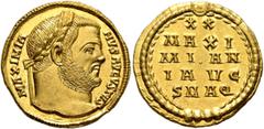 Roman Imperial Maximianus, first reign, 286-305. Aureus (Gold, 19 mm, 5.22 g, 6 h), Aquileia, 303. MAXIMIANVS - AVGVSTVS Laureate head of Maximianus to right. Rev. XX / MAXI/MIAN/I AVG / SMAQ within l