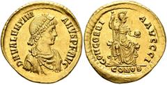 Roman Imperial Valentinian II, 375-392. Solidus (Gold, 21 mm, 4.52 g, 12 h), Constantinopolis, 388-392. D N VALENTINI-ANVS P F AVG Pearl-diademed, draped and cuirassed bust of Valentinian II to right.