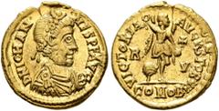 Roman Imperial Johannes, usurper, 423-425. Tremissis (Gold, 13 mm, 1.47 g, 12 h), Ravenna. D N IOHAN-NES P F AVG Pearl-and-rosette-diademed, draped and cuirassed bust of Johannes to right. Rev. VICTOR