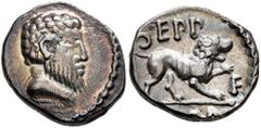 Celtic BRITAIN. Atrebates & Regni. Eppillus, circa 10 BC-AD 10. Quinarius (Silver, 12 mm, 1.22 g, 10 h). Bearded male head to right. Rev. EPP / COM / F Lion standing right, raising left forepaw. ABC 1