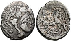 Celtic NORTHWEST GAUL. Baiocassi. Circa 50-30 BC. 1/4 Stater (Silver, 15 mm, 1.46 g, 12 h). Celticized head to the right with the hair in large locks; above, boar to right. Rev. Celticized horse with 