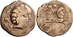 Celtic CENTRAL GAUL. Pictones. Circa 100-50 BC. Stater (Electrum, 22 mm, 6.63 g, 2 h). Celticized male head to right, with strings of pearls coming out of the hair to which small heads are attached; b