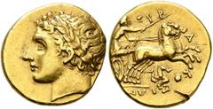 Greek SICILY. Syracuse. Agathokles, 317-289 BC. 50 Litrai or Dekadrachm (Gold, 16 mm, 4.26 g, 4 h), circa 317-310. Laureate head of Apollo to left. Rev. ΣYP-A-KO-ΣIΩN Charioteer driving fast biga to r