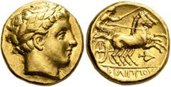Greek KINGS OF MACEDON. Philip II, 359-336 BC. Stater (Gold, 17 mm, 8.58 g, 2 h), Amphipolis, struck under Philip II or Alexander III, circa 340/36-328. Laureate head of Apollo to right. Rev. ΦΙΛΙΠΠOY