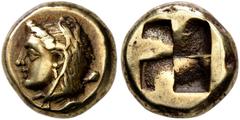 Greek IONIA. Phokaia. Circa 387-326 BC. Hekte (Electrum, 11 mm, 2.54 g). Head of Omphale to left, wearing lion skin headdress of Herakles; club behind neck; below, small seal to left. Rev. Quadriparti