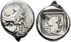 Greek DYNASTS OF LYCIA. Uvug, circa 470-440 BC. Tetrobol (Silver, 16 mm, 2.82 g, 6 h). Forepart of a winged man-headed bull to right. Rev. 𐊒𐊇𐊒𐊄 ('uwug' in Lycian) Head of Apollo to right; all with