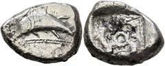 Greek DYNASTS OF LYCIA. Kuprilli, circa 470/60-440/35 BC. Stater (Silver, 21 mm, 9.64 g), uncertain mint. Dolphin leaping to left over decorative line; above, symbol. Rev. 𐊋-𐊒 ('ko' in Lycian) Trisk