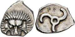Greek DYNASTS OF LYCIA. Perikles, circa 380-360 BC. 1/3 Stater (Silver, 17 mm, 2.86 g). Facing lion's scalp. Rev. 𐊓𐊁𐊕-𐊆𐊋-𐊍𐊁 ('Perikle' in Lycian) Triskeles. BMC 155-7. Müseler VIII, 47-51. SNG 