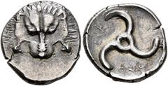 Greek DYNASTS OF LYCIA. Perikles, circa 380-360 BC. 1/3 Stater (Silver, 15 mm, 2.81 g). Facing lion's scalp. Rev. 𐊓𐊁𐊕-𐊆𐊋-𐊍𐊁 ('Perikle' in Lycian) Triskeles within circular incuse. BMC 155-7. Mü