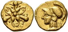 Greek KYRENAICA. Kyrene. Circa 331-322 BC. Triobol or Hemidrachm (Gold, 12 mm, 2.09 g), Jason, magistrate. Three silphium plants arranged around central dot. Rev. [KYP] Head of Athena to left, wearing
